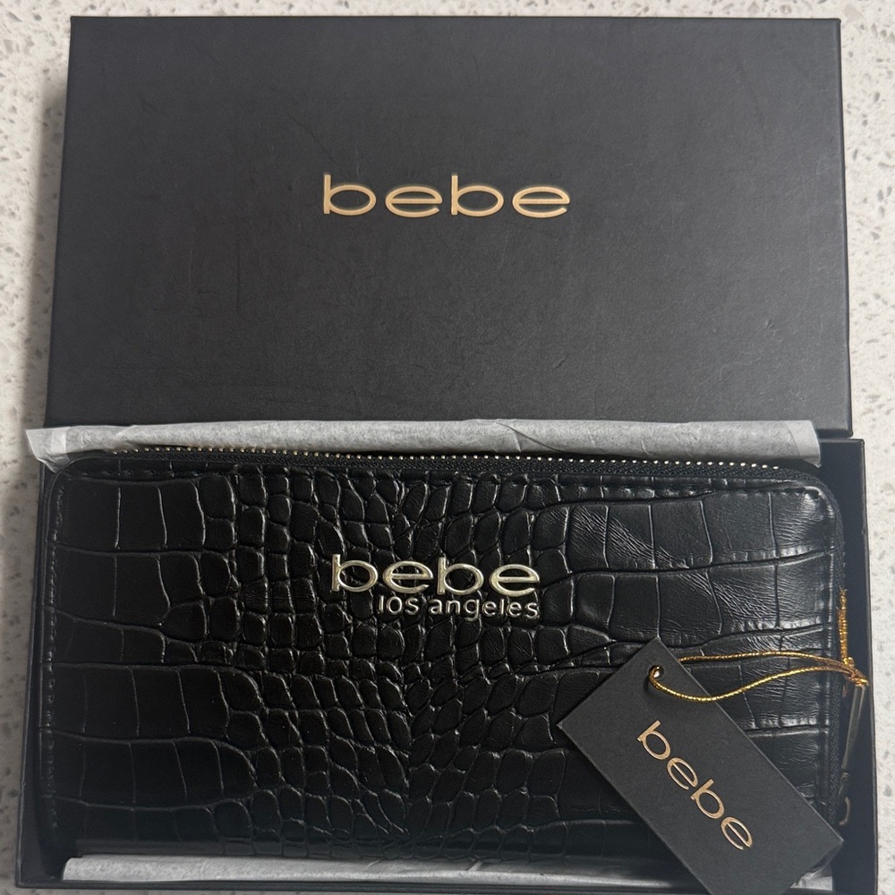 Bebe Black Croc Embossed Clutch with Gold Accents